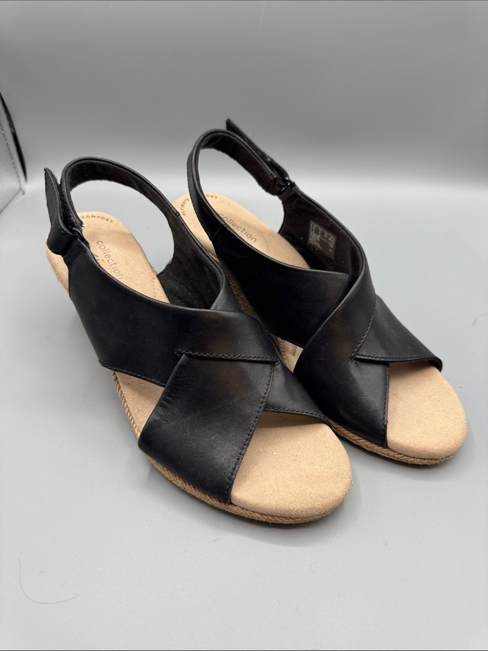 CLARK'S Lafley Alaine black leather espadrille wedge slingback sandals, size 9